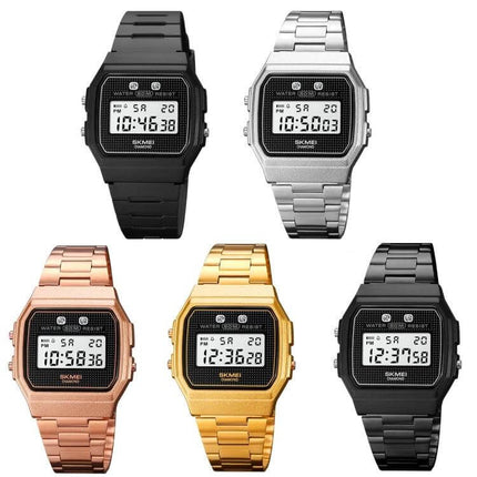 SKMEI Waterproof Electronic Wristwatch for Everyday Wear in multiple metal and resin finishes showing digital display and 50m water resistance