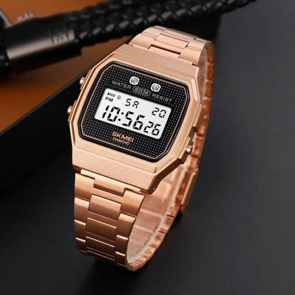 SKMEI Waterproof Electronic Wristwatch for Everyday Wear shown in rose gold digital design with 50m water resistance and resin components