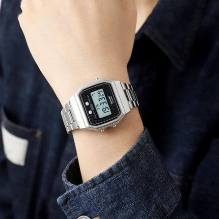 SKMEI Waterproof Electronic Wristwatch for Everyday Wear on wrist, silver digital display, 50m water-resistant, stainless resin style