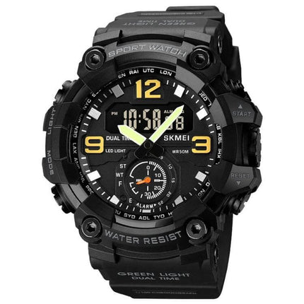 SKMEI Electronic Watch with Stainless Steel Buckle and Waterproof Design - rugged black dual-display sport watch, 50M water resistant