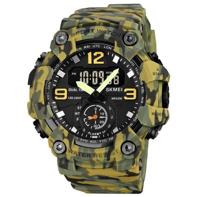 SKMEI Electronic Watch with Stainless Steel Buckle and Waterproof Design - camouflage sport digital-analog watch, 50m water resistant