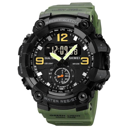 SKMEI Electronic Watch with Stainless Steel Buckle and Waterproof Design - rugged green sport watch, 50m water resistant, clear digital-analog display