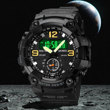 SKMEI Electronic Watch with Stainless Steel Buckle and Waterproof Design – rugged black digital-analog watch with green LED display and 50M water resistance
