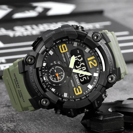 SKMEI Electronic Watch with Stainless Steel Buckle and Waterproof Design - durable black digital-analog sports watch with green strap, 50m water resistance