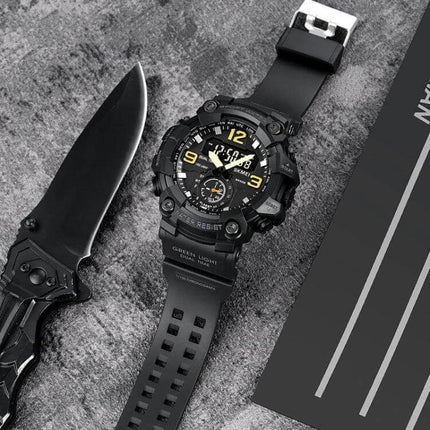 SKMEI Electronic Watch with Stainless Steel Buckle and Waterproof Design rugged black sports watch with digital-analog display on stone background