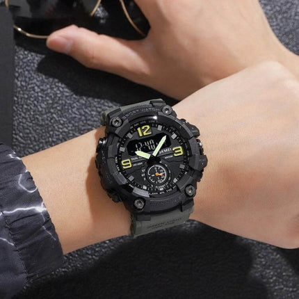 SKMEI Electronic Watch with Stainless Steel Buckle and Waterproof Design on wrist showing rugged black digital-analog display, clear numbers and 50m water resistance