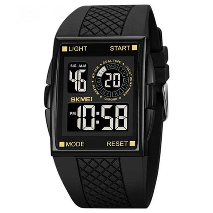 SKMEI Waterproof Electronic Watch with Durable PU Strap black digital display showing time and mode, 30m waterproof sports watch