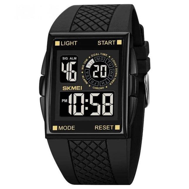 SKMEI Waterproof Electronic Watch with Durable PU Strap black digital display showing time and mode, 30m waterproof sports watch