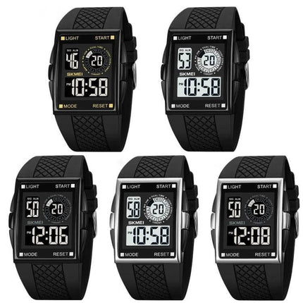 SKMEI Waterproof Electronic Watch with Durable PU Strap, black digital sports watch showing time and multifunction display