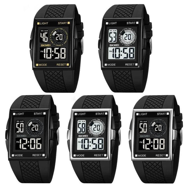 SKMEI Waterproof Electronic Watch with Durable PU Strap, black digital sports watch showing time and multifunction display