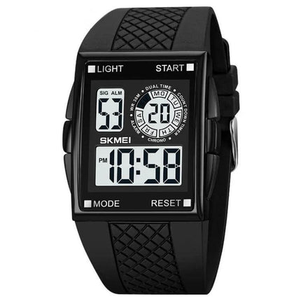 SKMEI Waterproof Electronic Watch with Durable PU Strap black digital display showing time, dual time, mode and reset buttons