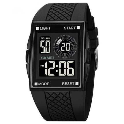 SKMEI Waterproof Electronic Watch with Durable PU Strap black digital face showing time 12:06 and textured PU strap