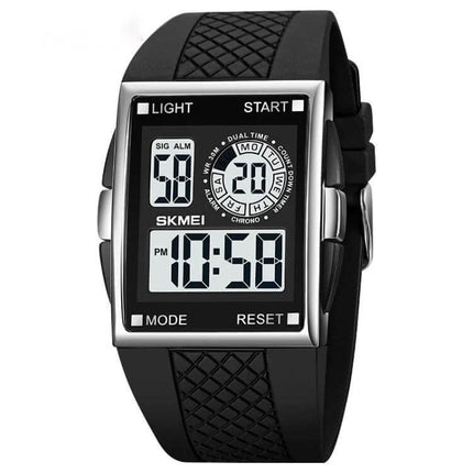 SKMEI Waterproof Electronic Watch with Durable PU Strap shown in black digital display, 30M waterproof, durable PU strap for swimming and outdoor use