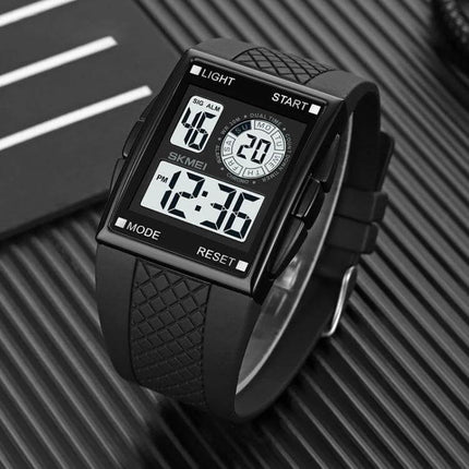 SKMEI Waterproof Electronic Watch with Durable PU Strap black digital sports watch showing time 12:36, PU strap, 30m waterproof, mode/reset buttons