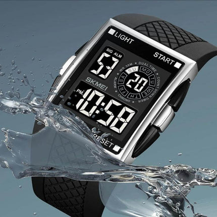 SKMEI Waterproof Electronic Watch with Durable PU Strap shown splashing water, digital display, stopwatch and 30M waterproof functionality