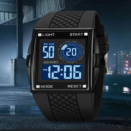 SKMEI Waterproof Electronic Watch with Durable PU Strap showing digital blue display, 30m waterproof black PU strap and chrono functions