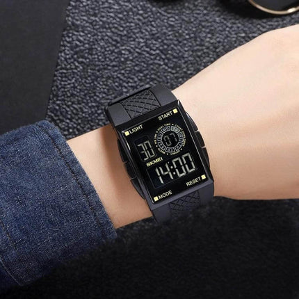 SKMEI Waterproof Electronic Watch with Durable PU Strap on wrist showing digital display, 30m waterproof and durable black PU strap