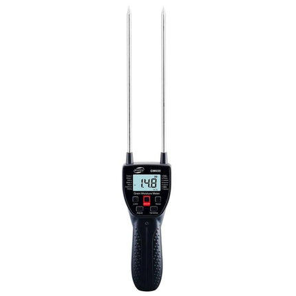Benetech Grain Moisture Meter for Measuring Grain Levels handheld dual-probe device showing 14.8% reading, used for farm grain moisture testing