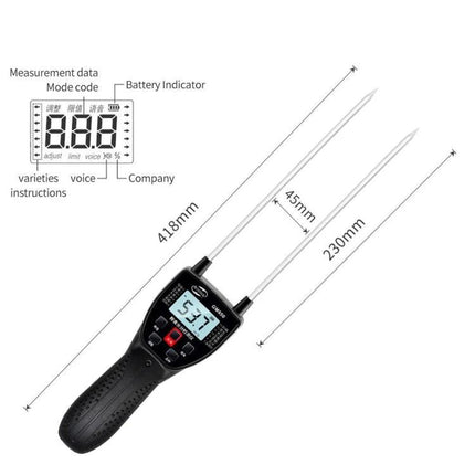 Benetech Grain Moisture Meter for Measuring Grain Levels handheld meter with dual probes, 418mm length, 14 varieties support, LCD readout showing 5.37