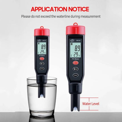 Benetech GM760 Digital pH and Temperature Meter for Solutions showing meter in glass and water level guidance
