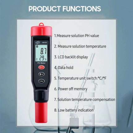 Benetech GM760 Digital pH and Temperature Meter for Solutions showing LCD readout and listed product functions