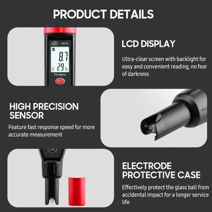 Benetech GM760 Digital pH and Temperature Meter for Solutions showing LCD display, sensor tip, and protective case