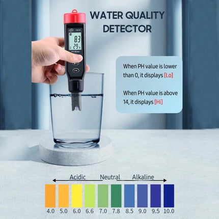 Benetech GM760 Digital pH and Temperature Meter for Solutions measuring aquarium water pH 8.3 and temperature 29°C in a glass