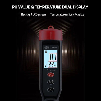Benetech GM760 Digital pH and Temperature Meter for Solutions showing backlit dual display with pH 8.7 and temperature 29°C