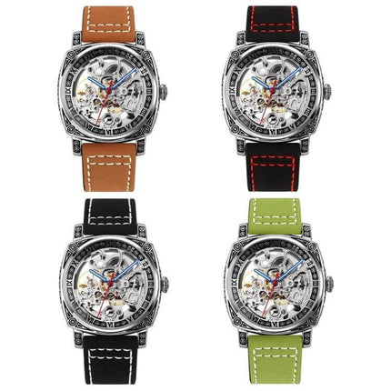 SKMEI Waterproof Automatic Mechanical Watch with Leather Strap showing four color strap variations with skeleton dial and stitched leather bands