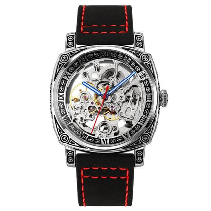 SKMEI Waterproof Automatic Mechanical Watch with Leather Strap front view skeleton dial, black leather strap with red stitching, 50m waterproof
