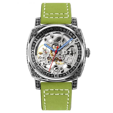 SKMEI Waterproof Automatic Mechanical Watch with Leather Strap - green leather strap skeleton dial, stainless case, blue and red hands, 50m water-resistant
