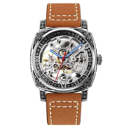 SKMEI Waterproof Automatic Mechanical Watch with Leather Strap showcasing skeleton dial, stainless case and brown stitched leather band, 50M water-resistant
