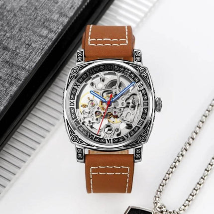 SKMEI Waterproof Automatic Mechanical Watch with Leather Strap - brown leather automatic skeleton dial, 50m waterproof everyday wristwatch