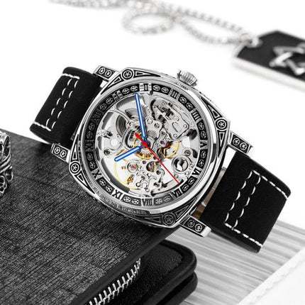 SKMEI Waterproof Automatic Mechanical Watch with Leather Strap showcasing skeleton dial, automatic movement and black stitched leather strap, 50m water-resistant
