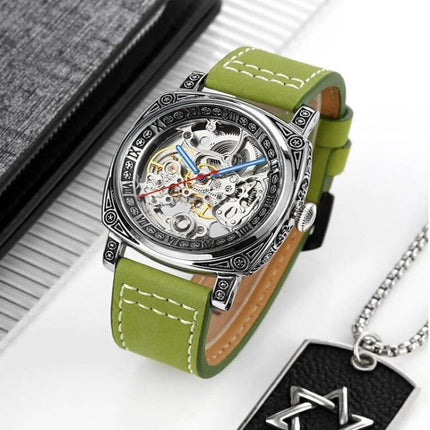 SKMEI Waterproof Automatic Mechanical Watch with Leather Strap - green leather strap skeleton dial, 50m waterproof automatic movement, everyday reliable