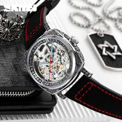 SKMEI Waterproof Automatic Mechanical Watch with Leather Strap - skeleton dial, engraved stainless case, black leather strap with red stitching, 50m water resistant