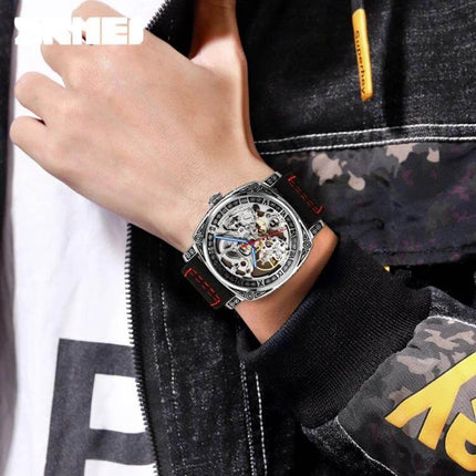 SKMEI Waterproof Automatic Mechanical Watch with Leather Strap on wrist showing skeleton dial and black leather strap, 50m waterproof everyday style