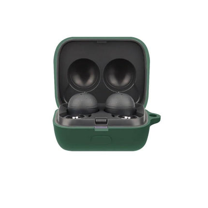 Silicone Protective Case for Sony LinkBuds During Daily Use — green slim-fit silicone cover protecting earbuds in open charging case