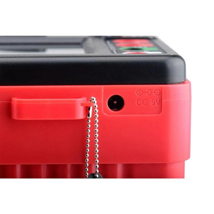 Benetech Insulation Resistance Tester for Electrical Diagnostics close-up of red tester DC 9V input and chained cover