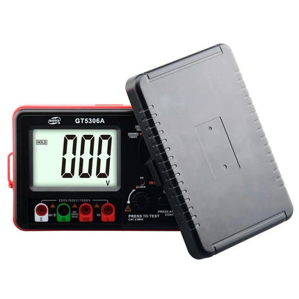 Benetech Insulation Resistance Tester for Electrical Diagnostics handheld meter showing display, probes and protective case