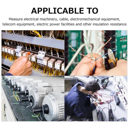 Benetech Insulation Resistance Tester for Electrical Diagnostics showing technician testing wiring, motors and control panels for insulation resistance