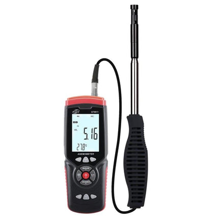 Benetech Handheld Anemometer for Wind Speed and Temperature Measurement handheld device with probe showing wind speed and temperature readings