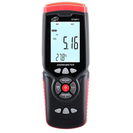 Benetech Handheld Anemometer for Wind Speed and Temperature Measurement - handheld wind speed meter showing 5.16 m/s and 27.8°C on display