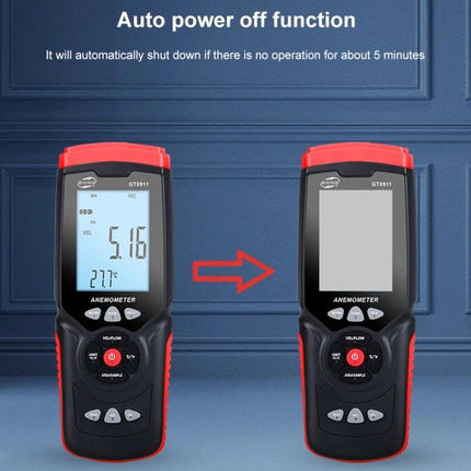 Benetech Handheld Anemometer for Wind Speed and Temperature Measurement showing auto power off feature and display before and after shutdown