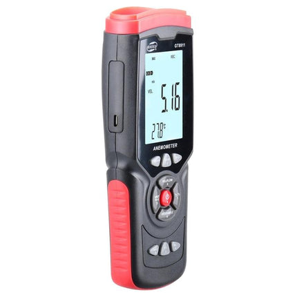 Benetech Handheld Anemometer for Wind Speed and Temperature Measurement showing digital display reading 5.16 and 27°C handheld device