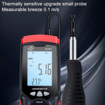 Benetech Handheld Anemometer for Wind Speed and Temperature Measurement showing device with probe, digital display reading wind speed and temperature