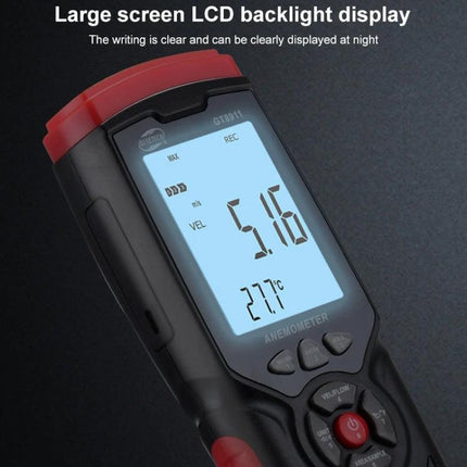 Benetech Handheld Anemometer for Wind Speed and Temperature Measurement - handheld device showing large backlit LCD with wind speed 5.16 and temp 27.7°C