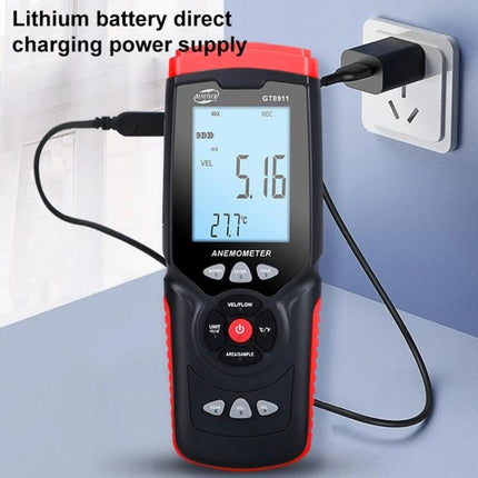Benetech Handheld Anemometer for Wind Speed and Temperature Measurement - handheld device showing wind speed 5.16 and temperature 27.7°C, USB charging