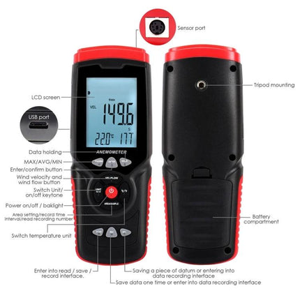 Benetech Handheld Anemometer for Wind Speed and Temperature Use - front and back view with LCD, buttons, sensor port, tripod mount and battery compartment