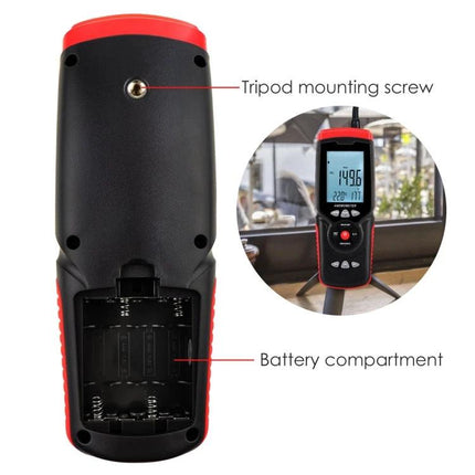 Benetech Handheld Anemometer for Wind Speed and Temperature Use showing rear battery compartment and tripod mounting screw